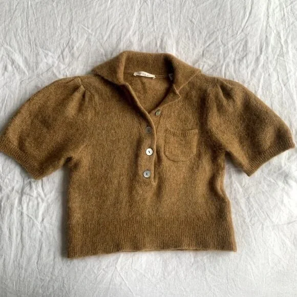 Doen Mila Alpaca Wool Button Collar Puff Short Sleeve Knit Sweater Top Hazelnut - Picture 6 of 14